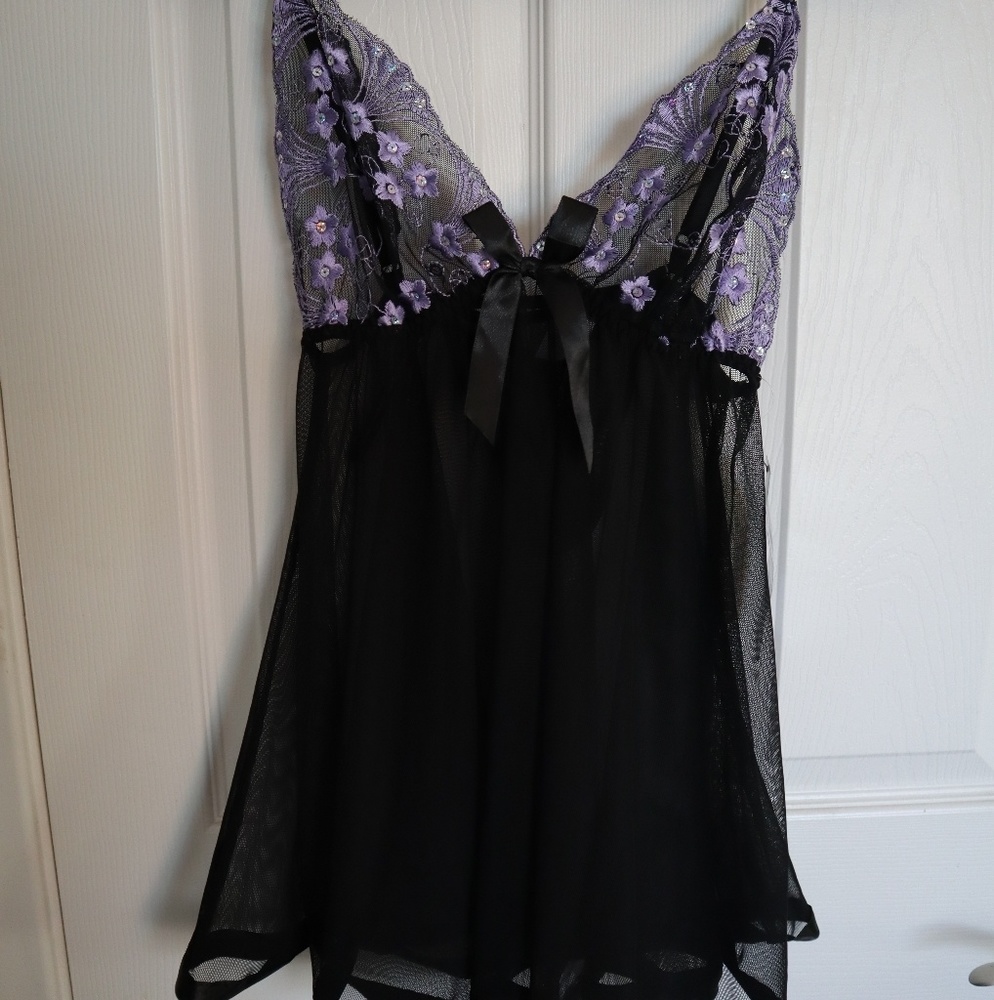 Purple Floral and Black Lace Lingerie with Thong